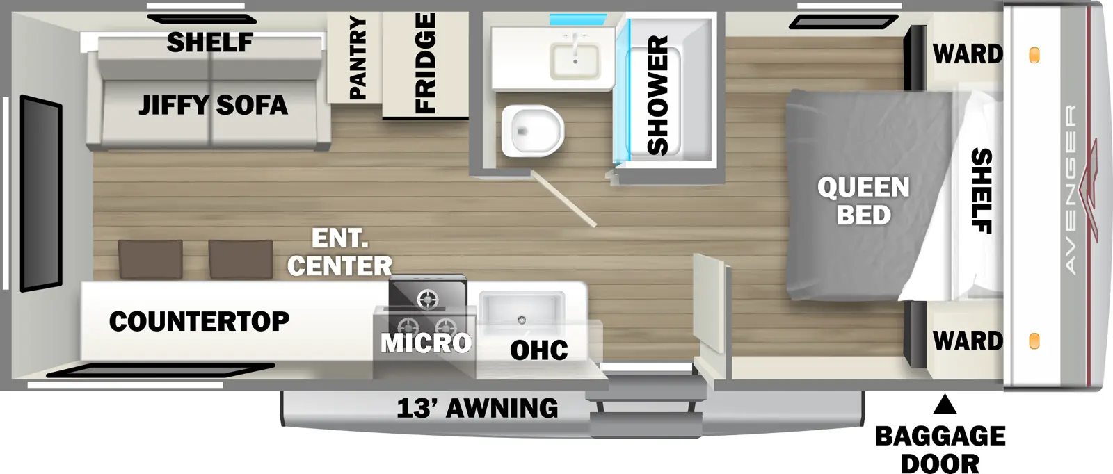 The 22MKLE has zero slideouts and one entry. Exterior features a 13 foot awning and baggage door. Interior layout front to back: foot facing queen bed with overhead shelf and wardrobes on each side; off-door side full bathroom; door side entry, kitchen counter with sink, overhead cabinet, microwave, cooktop, and countertop that goes to the rear with seating; off-door side refrigerator, pantry, and rear jiffy sofa with shelf above.